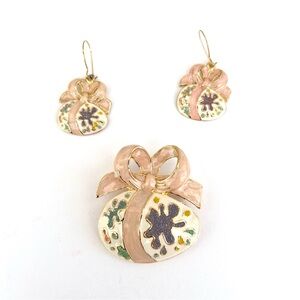 SFJ Easter Egg Brooch Pin & Earring Set Enamel Pastels Metal Signed SFJ 49922